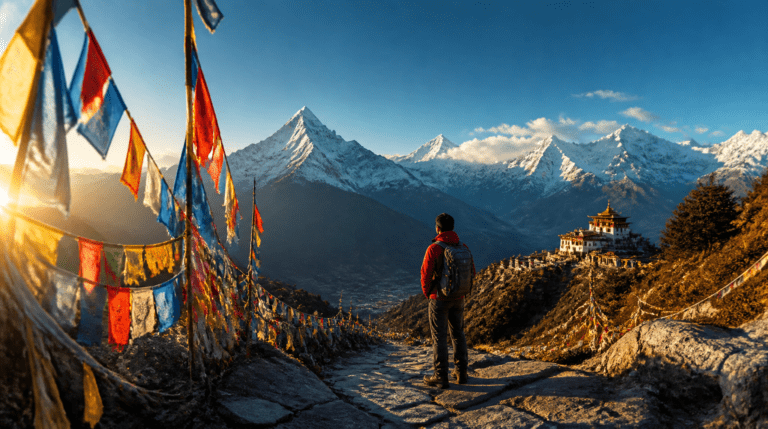 Traveler on a Himalayan mountain pass with prayer flags and snow-capped peaks — Himalayan Grand Tour guide 2026