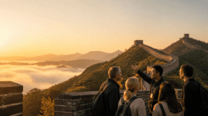 Small group of travelers with a local guide on the Great Wall of China at sunrise