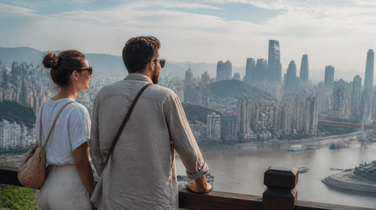 Two tourists overlooking the skyline of Chongqing, China