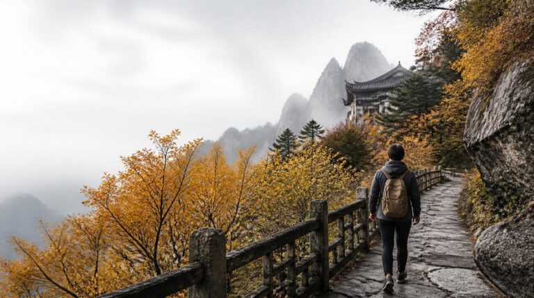 Traveler walking through golden autumn scenery in China during September and October