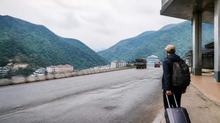 Traveler with luggage near the Vietnam China land border between Lao Cai and Hekou