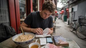 Un viajero calcula el coste de su viaje a China en un restaurante local de un hutong de Pekín, con fideos, billetes de yuan y billetes de tren sobre la mesa.