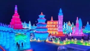 Colourful Ice Sculptures exhibited in Harbin, China.
