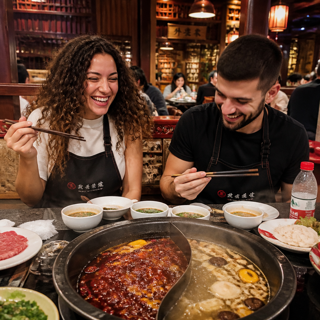 Two Tourists Laughing While Eating Chongqing Mala Hot Pot At A Local Restaurant Two tourists laughing while eating Chongqing mala hot pot at a local restaurant