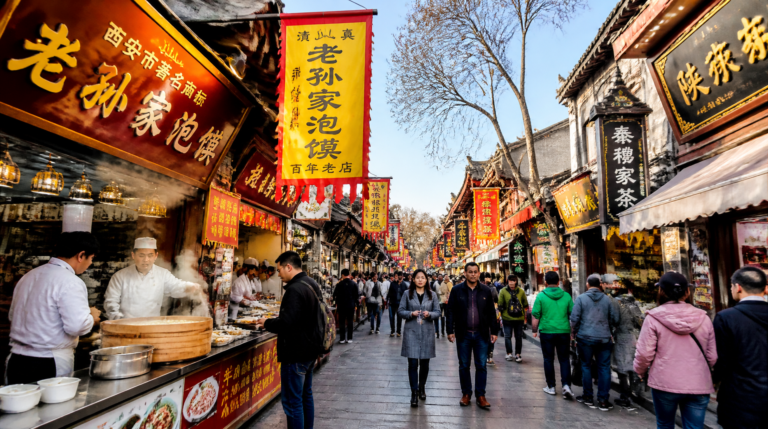 A lively Chinese street food market with vendors, dumplings and steaming woks — the perfect scene for any food guide to China