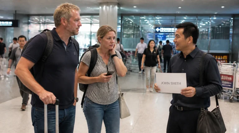 Local guide meeting international travelers at an airport in China and helping with luggage
