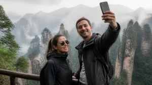 Dos turistas de verdad en Zhangjiajie haciéndose un selfi con las Montañas de Avatar de fondo: auténtica fotografía de viajes