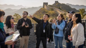 "Diverse group of tourists on guided tour at Great Wall Beijing with English-speaking guide pointing to landscape during morning excursion"