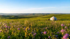 Green Hulunbuir grasslands in Inner Mongolia during August summer season with traditional Mongolian yurts