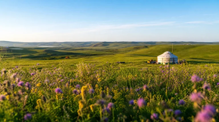 Green Hulunbuir grasslands in Inner Mongolia during August summer season with traditional Mongolian yurts