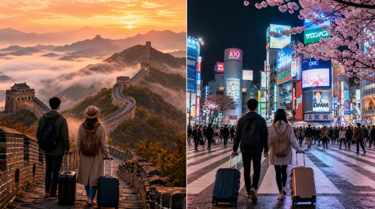 "Split-screen comparison of Great Wall of China and Tokyo Shibuya neon crossing for combined Asia trip planning"