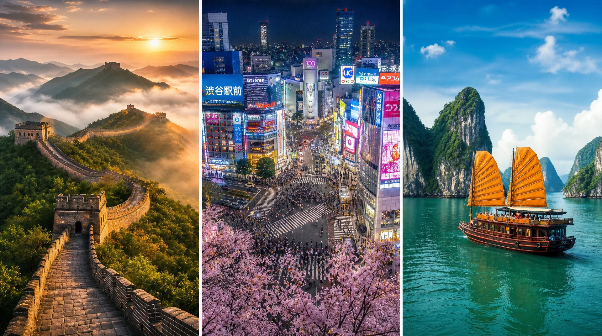 china-japan-vietnam-comparison-collage "Comparison collage of China Great Wall, Tokyo Shibuya neon lights, and Vietnam Halong Bay limestone karsts for first time Asian travelers"