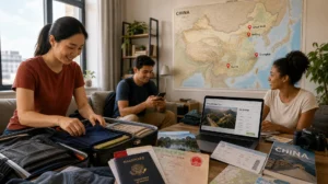 "Travelers preparing China trip at home with accurate China map showing Beijing Shanghai Guilin marked on wall, organizing luggage, passports, visa documents and tour itineraries"