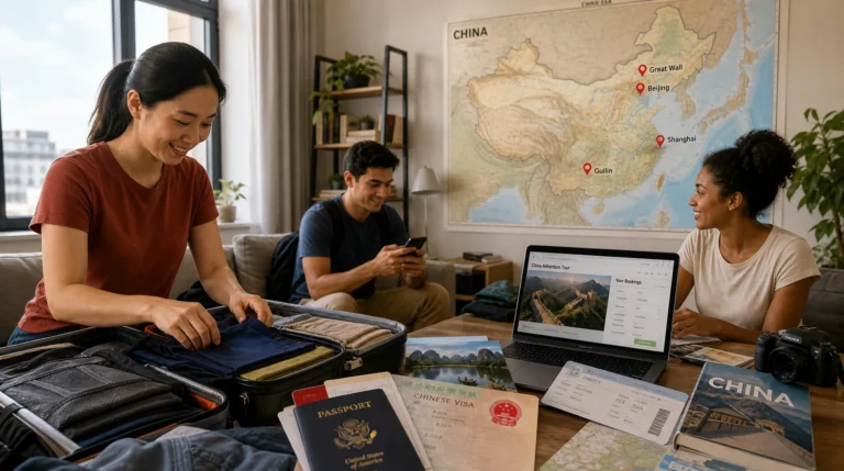 "Travelers preparing China trip at home with accurate China map showing Beijing Shanghai Guilin marked on wall, organizing luggage, passports, visa documents and tour itineraries"