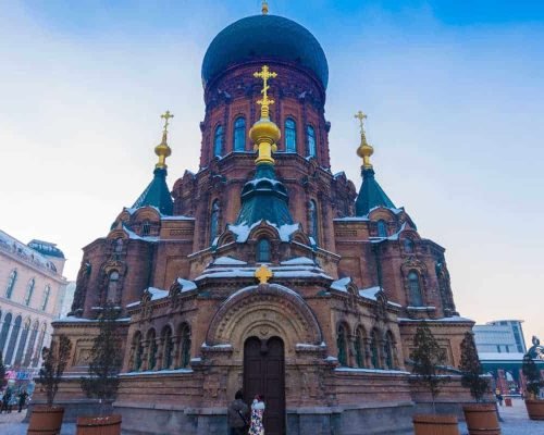 A front view of the St. Sofia Church in Harbin, China