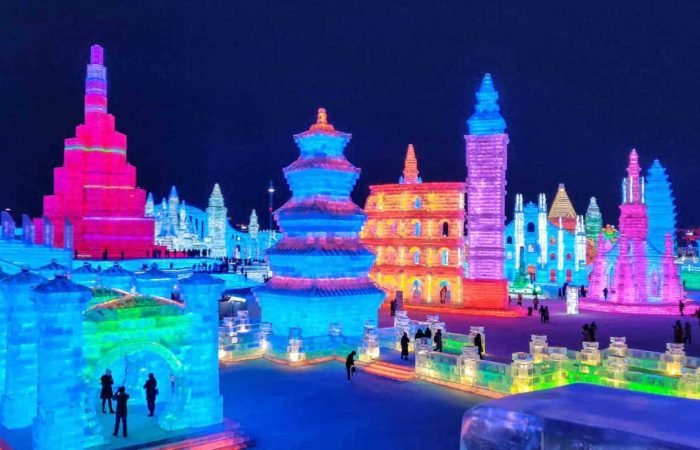 Colourful Ice Sculptures exhibited in Harbin, China.